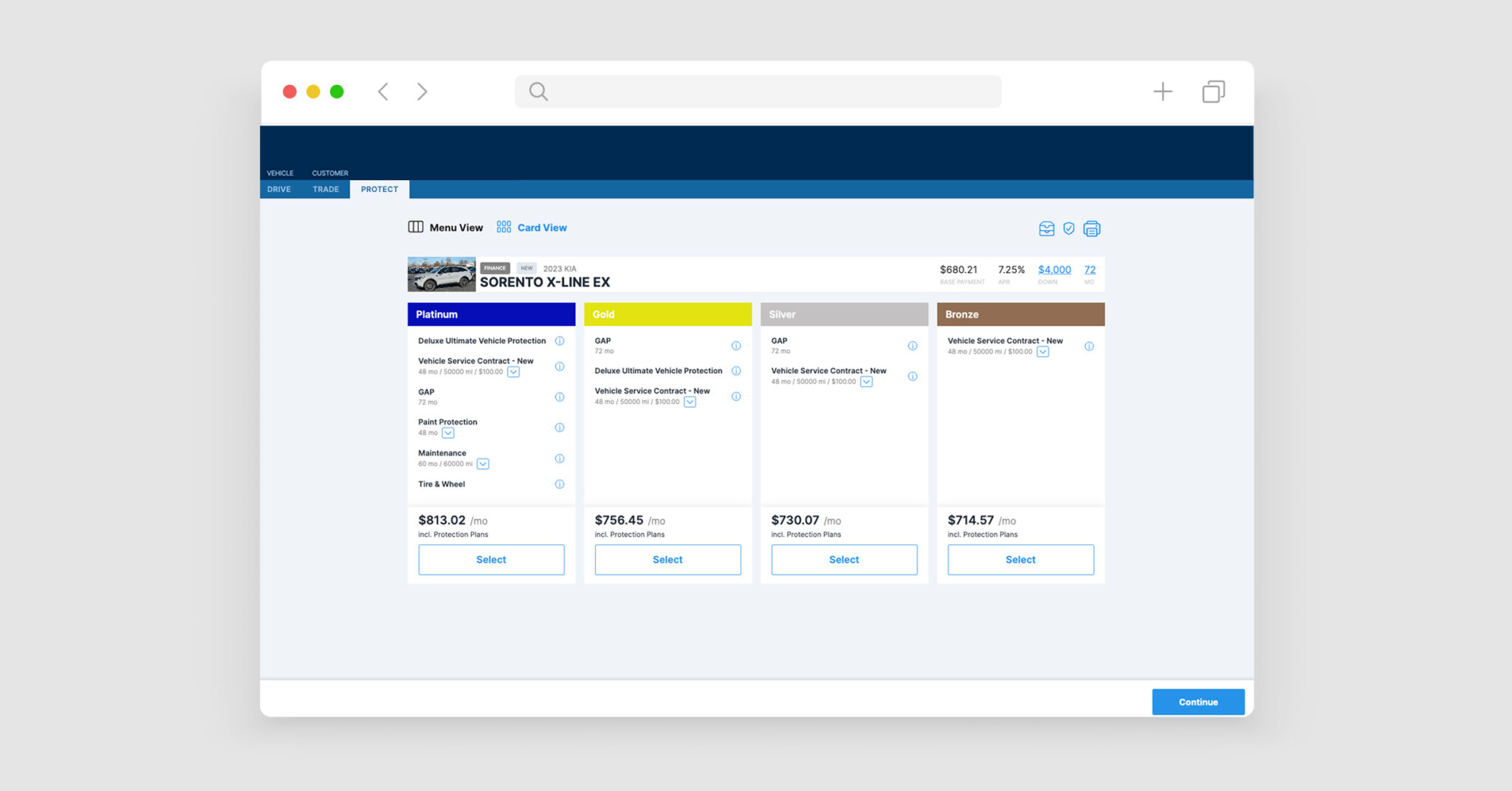 Screenshot of Finance and Insurance Menu